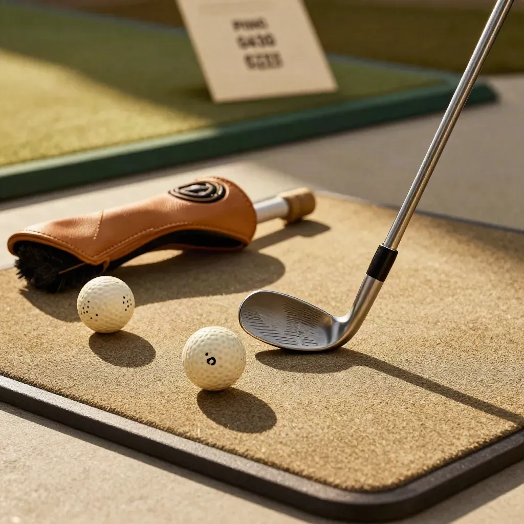 Golvende ijzerset op een oefenmat met ballen, borstel en leren headcover in een indoor golfbay.
