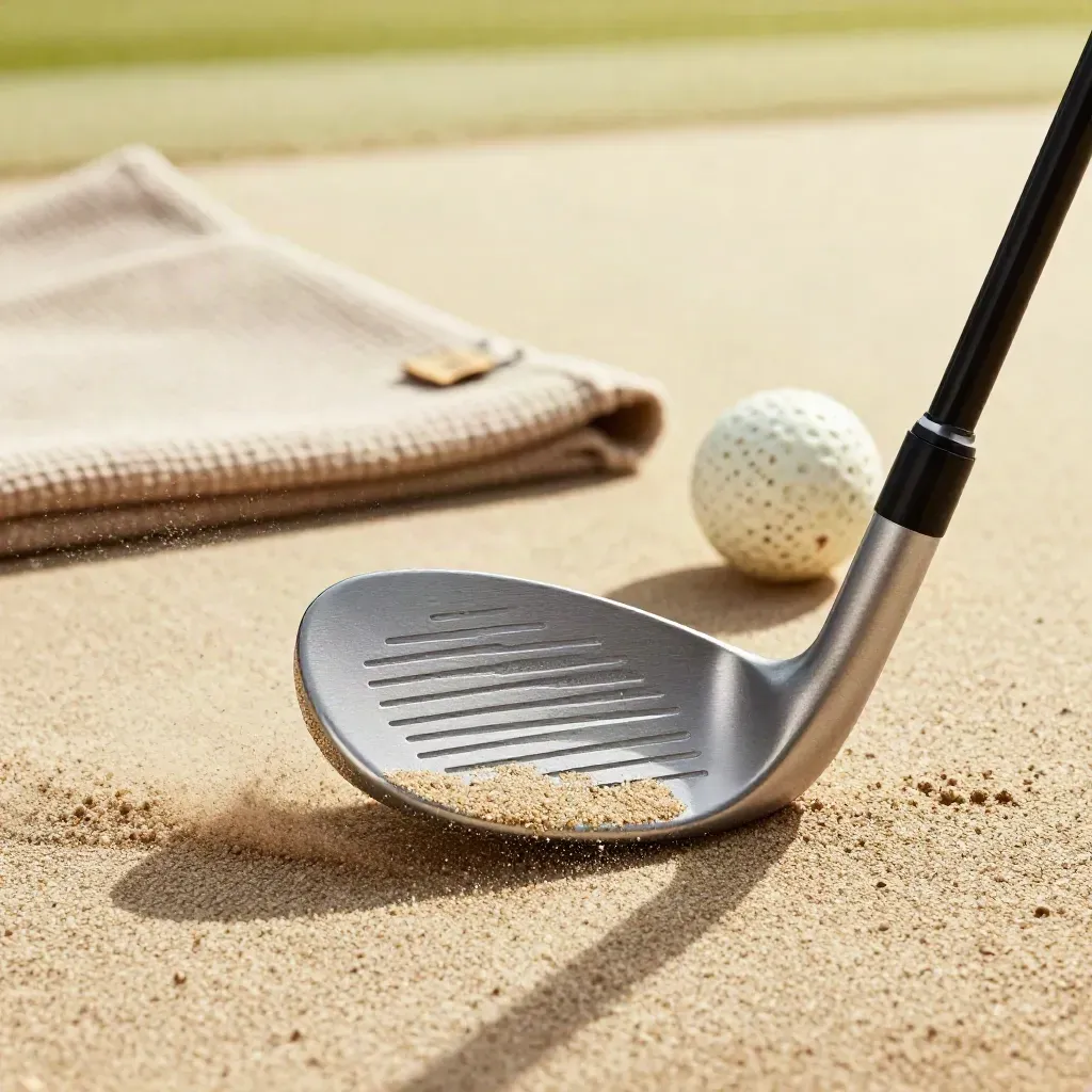 Macro van een golfwedge met zandkorrels, bal en turfdoek in zacht licht.