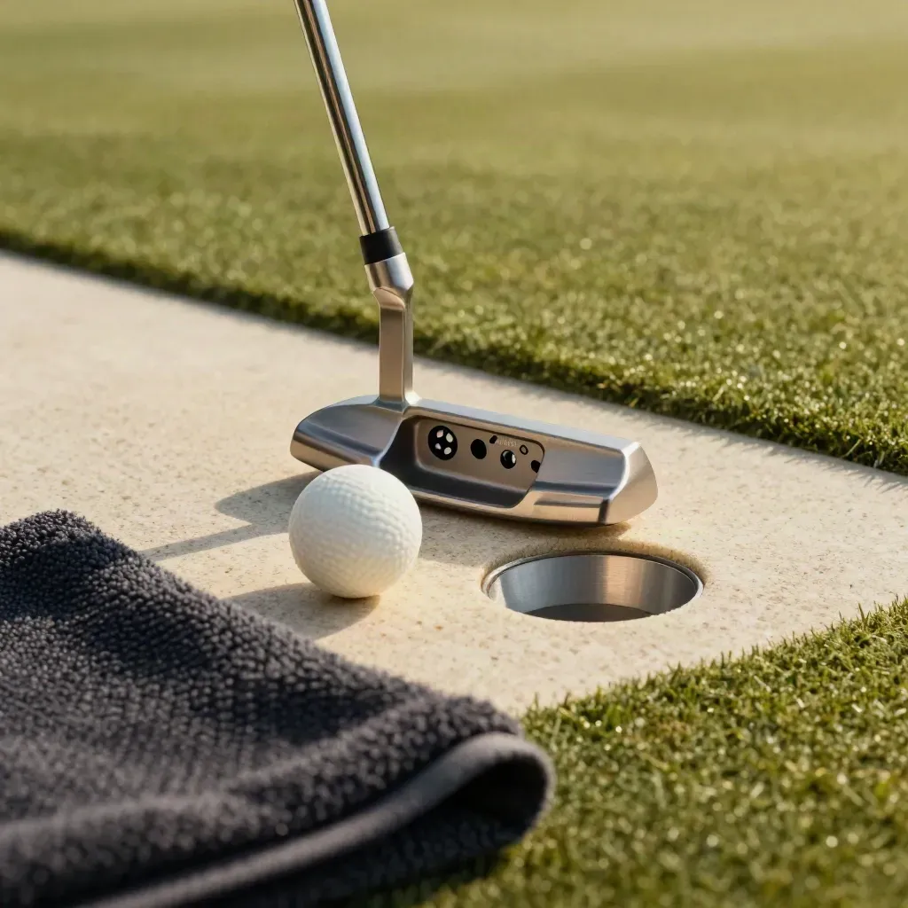 Putter naast bal en versleten cupring op een indoor putting green met gevlochten handdoek.