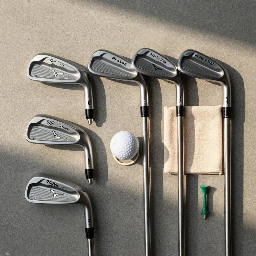 Overhead flatlay van een Mizuno Pro 243 ijzerset met bal, ferrule, doek en tee op beton.