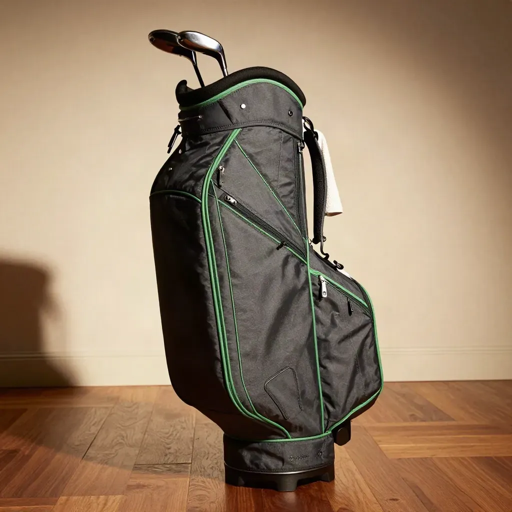 Golf standbag in studio met groene accenten, clubhandvatten en een handdoeklus op warme houten vloer.