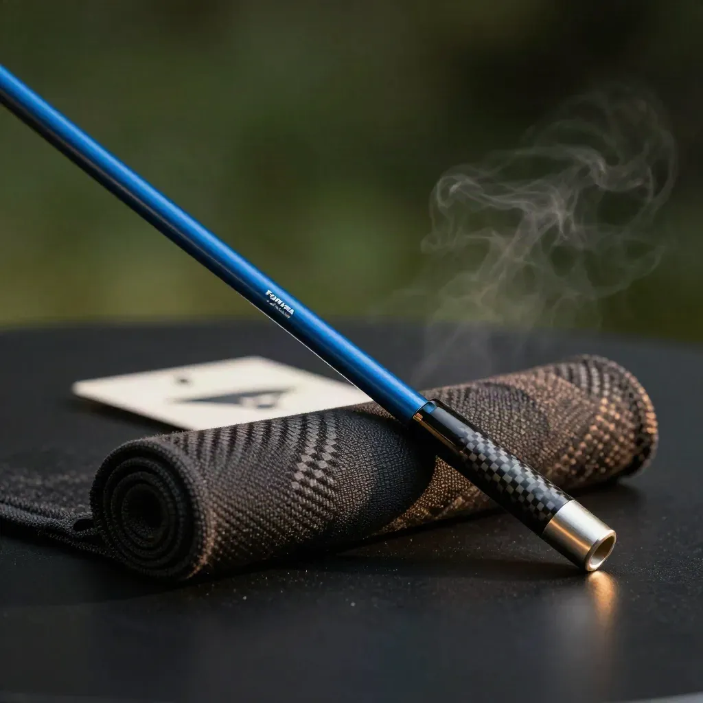 Golfshaft met adapter en opgerolde doek op donkere ondergrond in dramatisch studiolie.