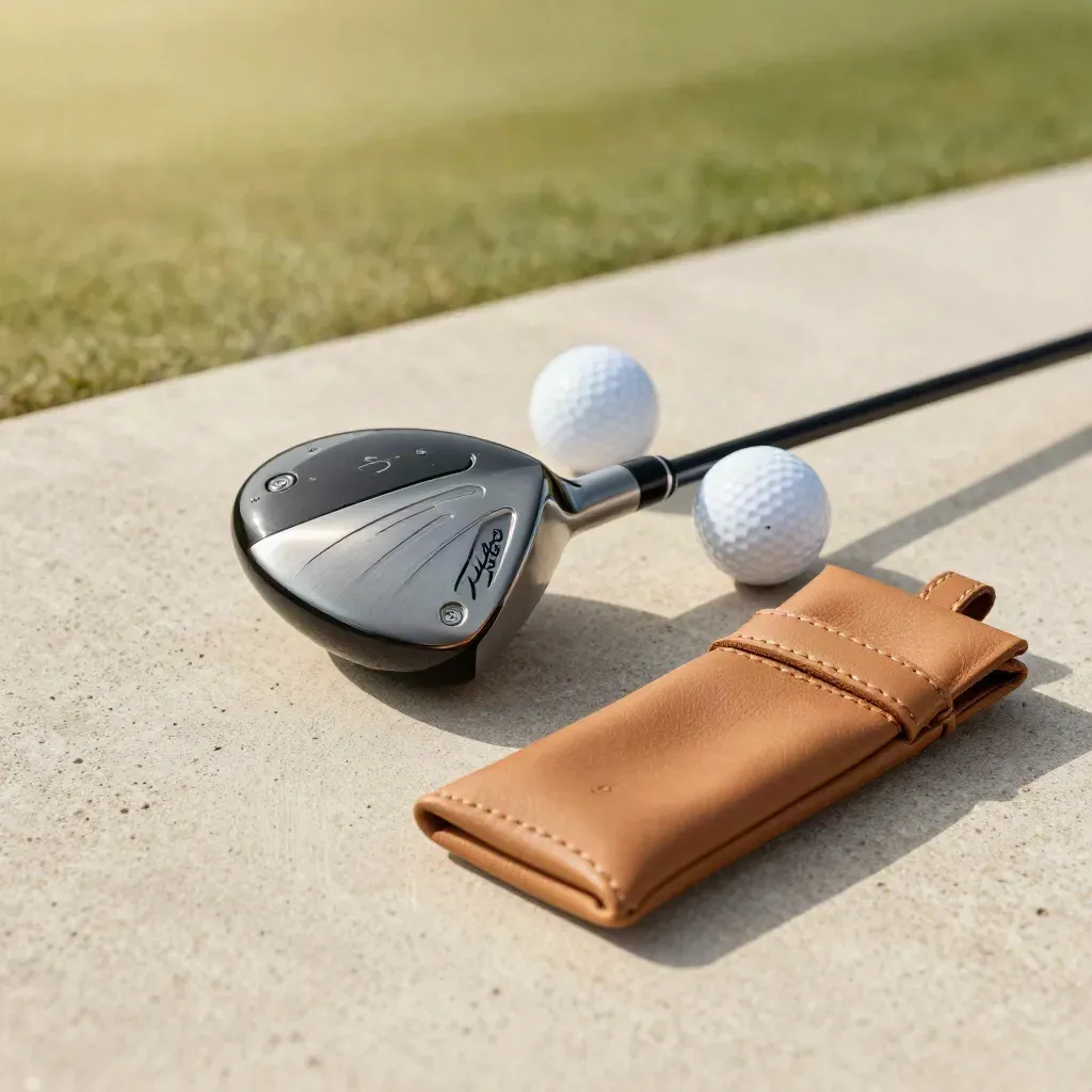 Driver met headcover, twee ballen en tee-pouch op licht beton in zachte golflichtsfeer.