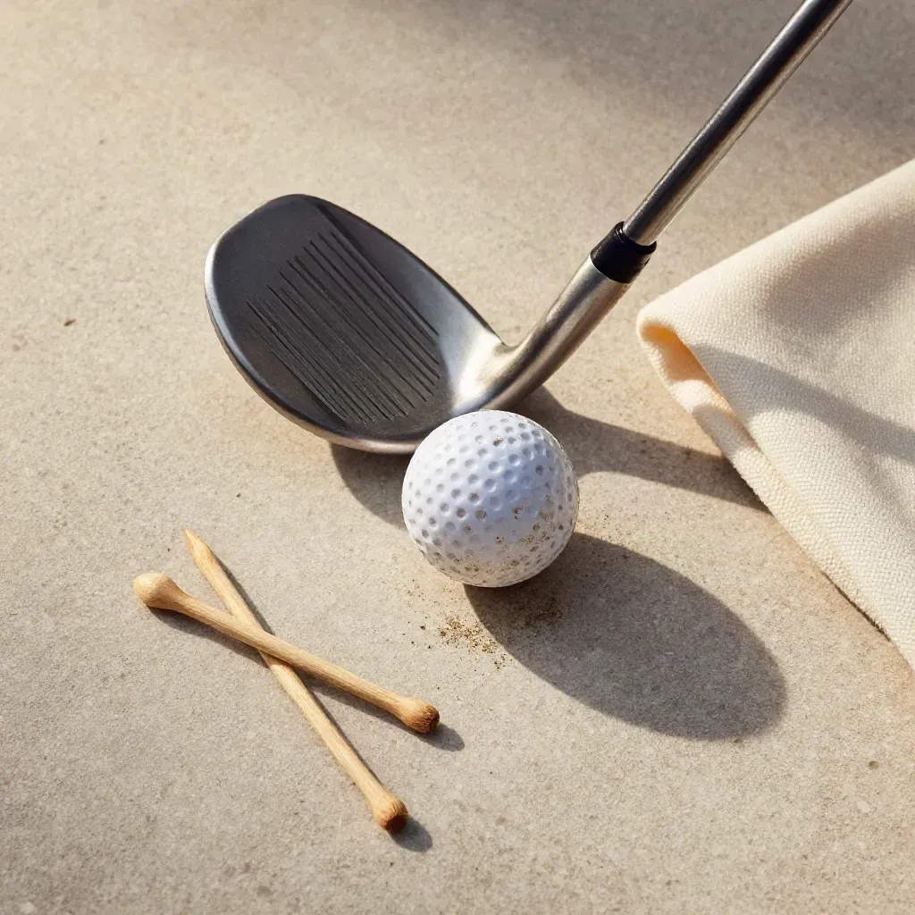 Bovenaanzicht van een golfwedge, met bal, doek en tees op licht steen.