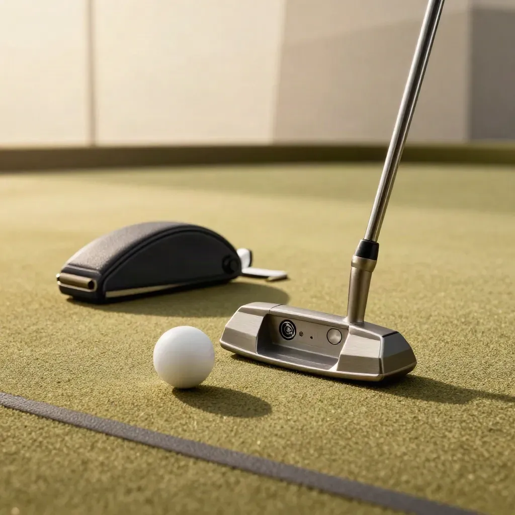 Odyssey Ai-One putter met bal en headcover op khaki puttingturf in zachte studiobelichting.