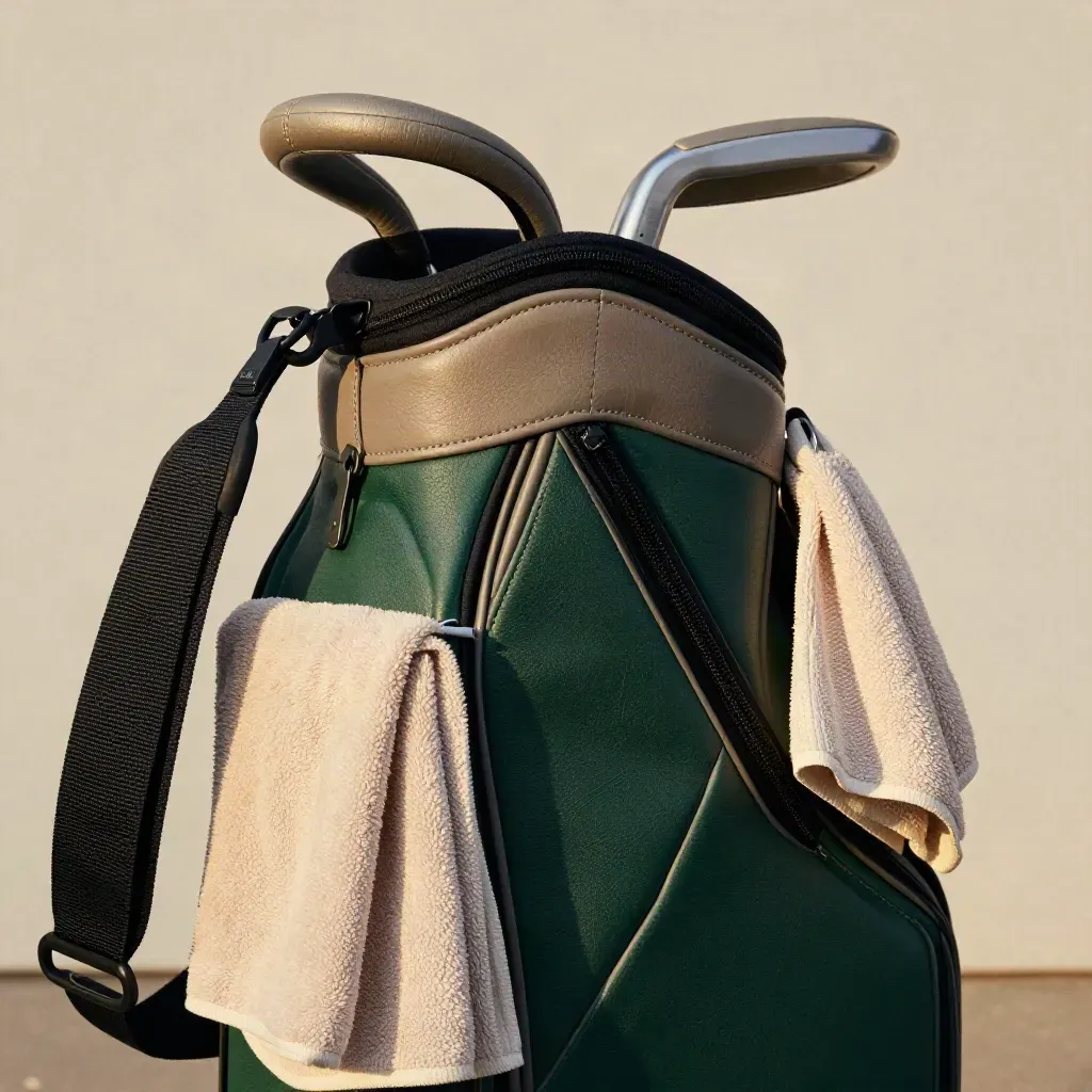 Close-up van een premium golftas met groene accenten, ritsen en zachte textuur.