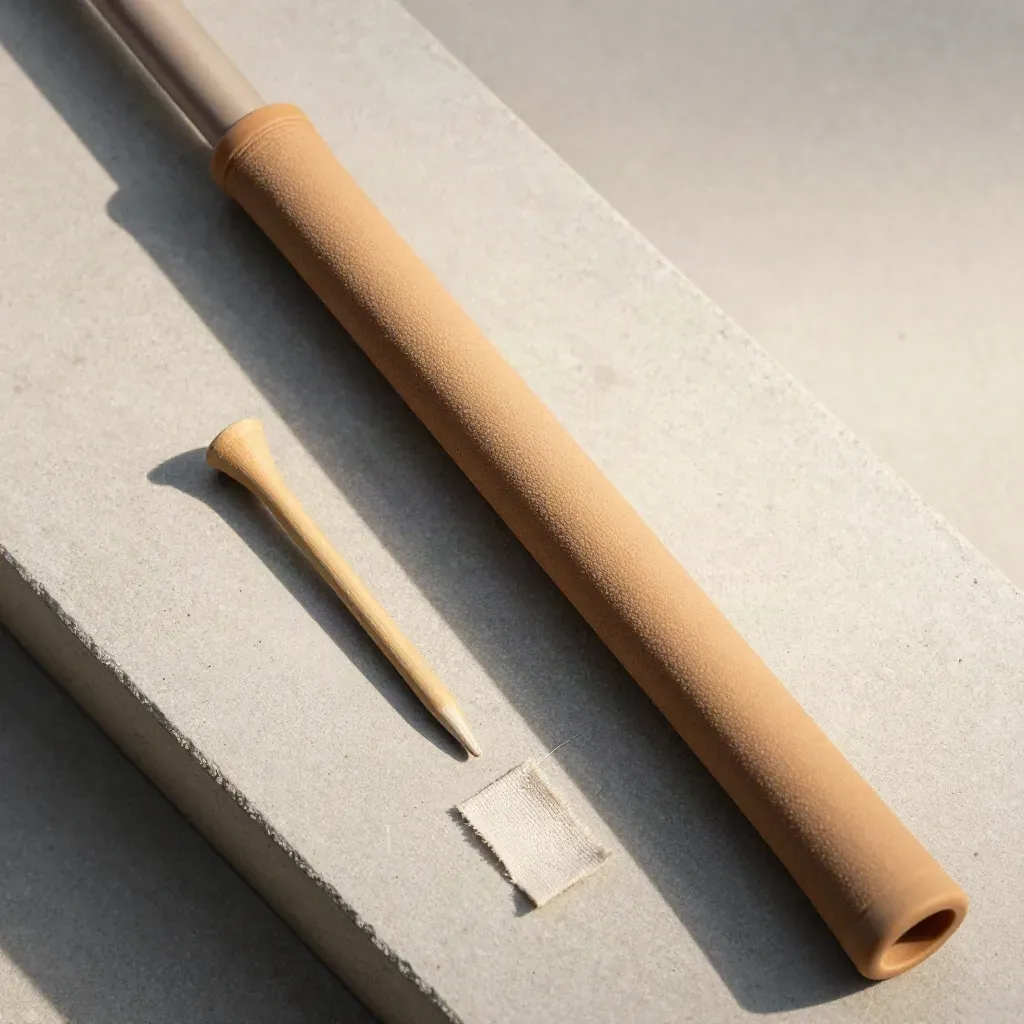 Bovenaanzicht van een oversized golfgrip met ferrule, shaft tip, tee en doekje op licht beton.