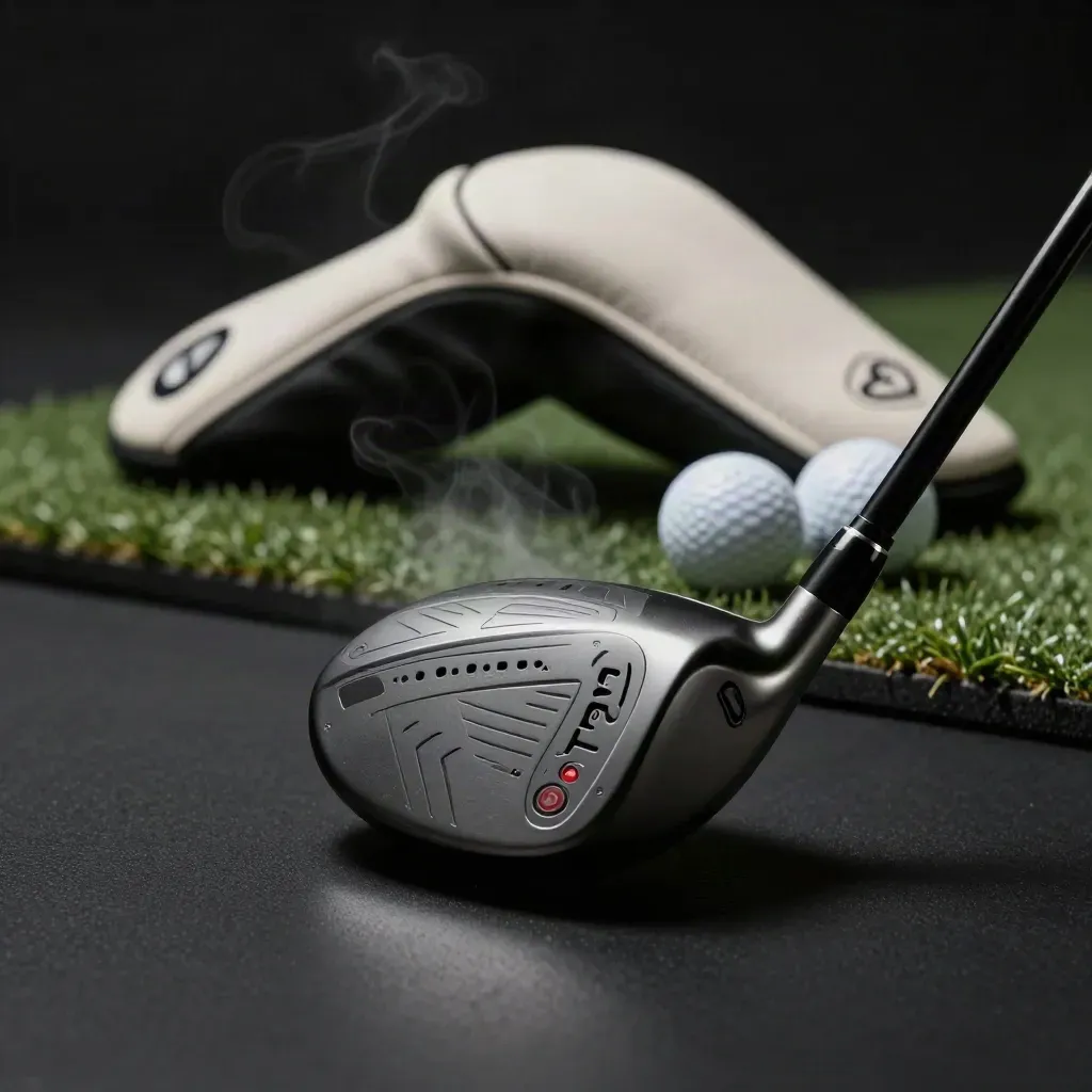 Fairway wood met hoes, twee ballen en grasmat in een donkere studiosetting