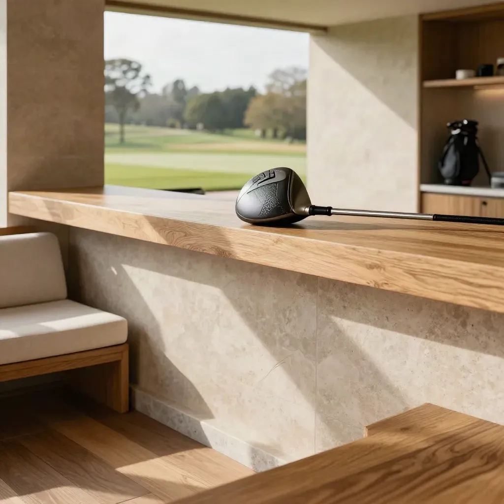 Clubhuisinterieur met driver en golftas in warm ochtendlicht, fairway zacht op de achtergrond.