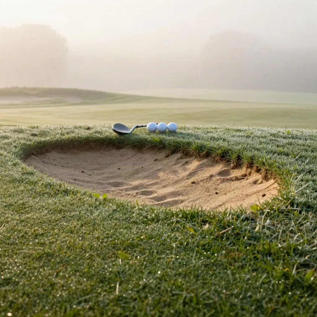 Mistige golfbunker met wedge en ballen in zacht ochtendlicht.