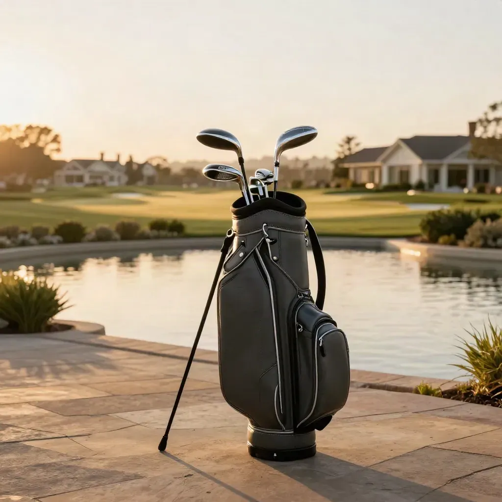 Golfbag en clubs bij een cluboprit in warm avondlicht met rustige open ruimte eronder.
