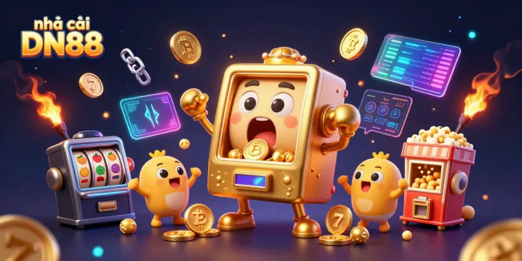 Play at nhà cái DN88 with a cartoon golden slot machine hitting a jackpot, coins flying everywhere.