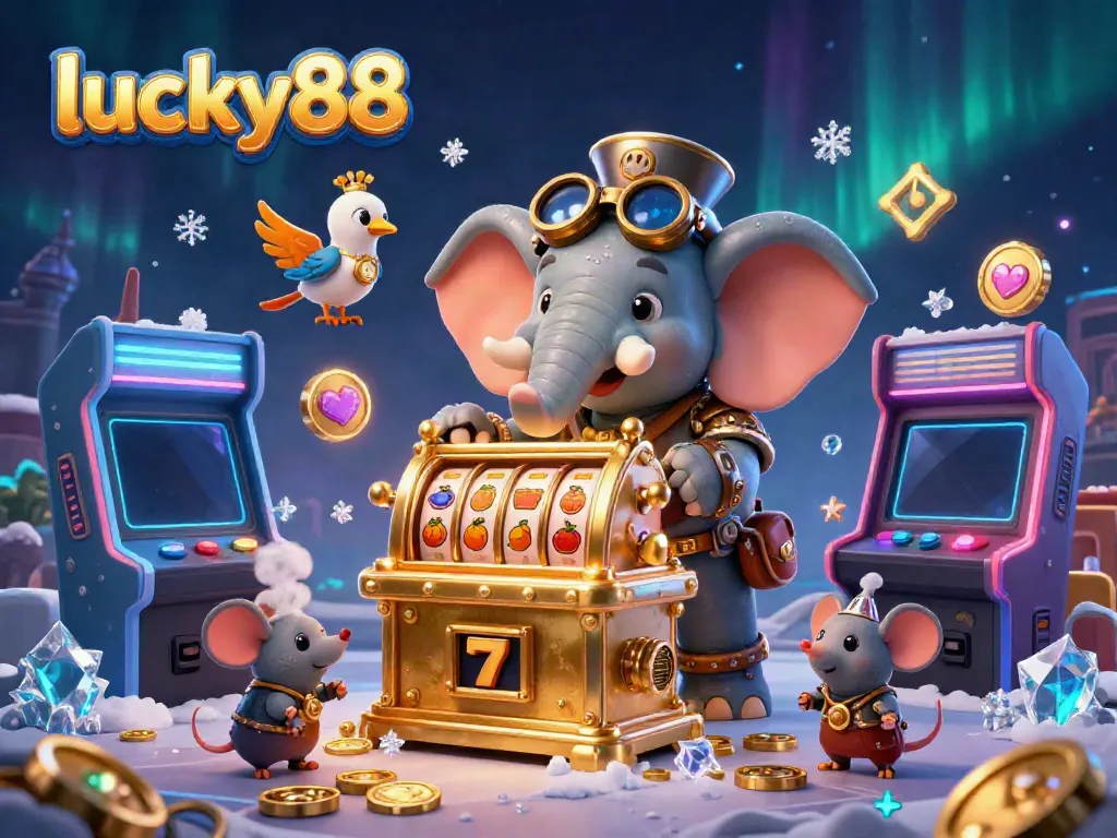 Spin the slots at lucky88 with a steampunk elephant engineer and vibrant gaming elements.