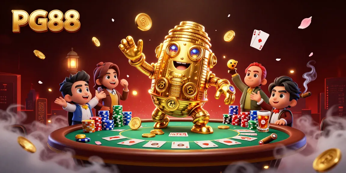 Win big with PG88 at this dynamic casino scene featuring a golden golem, poker elements, and vibrant atmosphere.