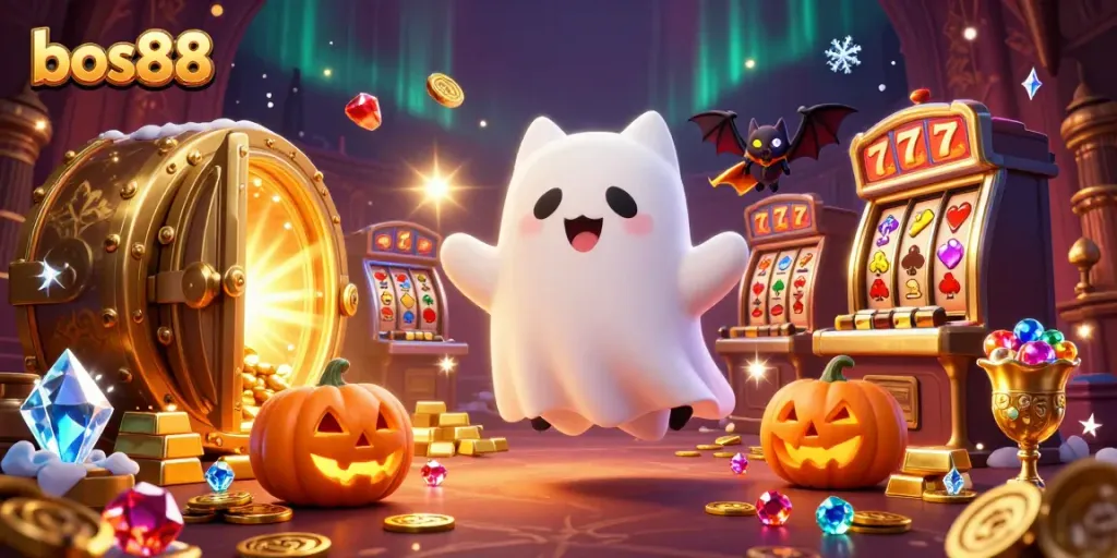 Experience the vibrant gaming universe of bos88 with a lively haunted casino scene.