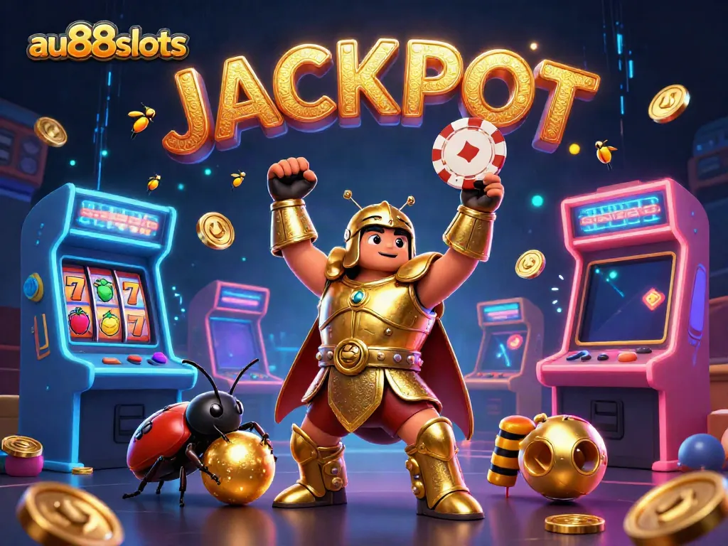 Experience thrilling action at au88slots as cartoon beetles celebrate jackpot wins amidst vibrant casino elements.