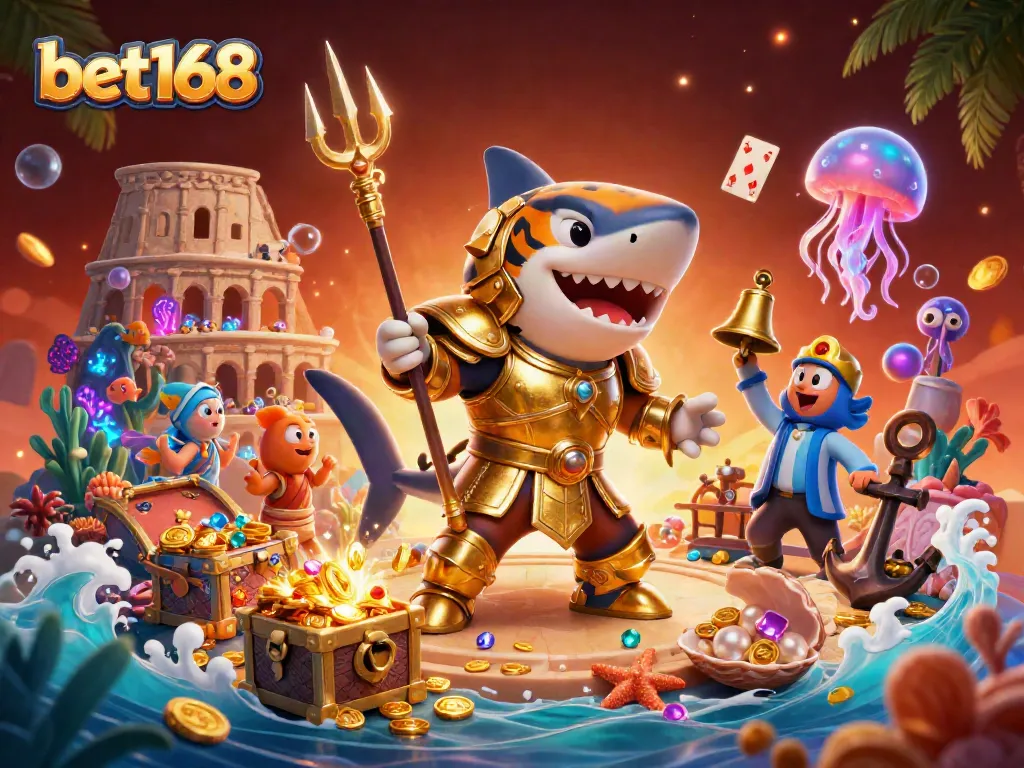 Engaging bet168 gaming action with a tiger shark in armor amidst vibrant casino treasures and marine elements.