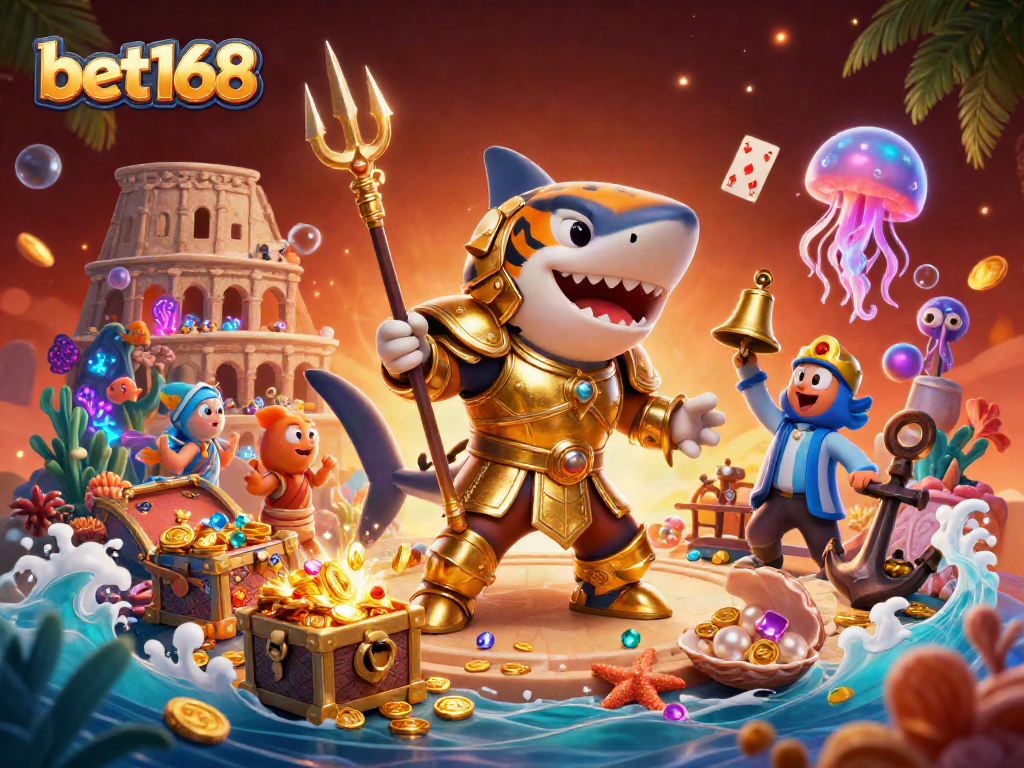 Engaging bet168 gaming action with a tiger shark in armor amidst vibrant casino treasures and marine elements.