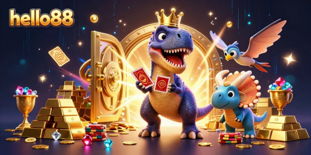 Join the fun at hello88 as a T-Rex shuffles cards while a baby triceratops stacks chips! Great gaming excitement awaits!