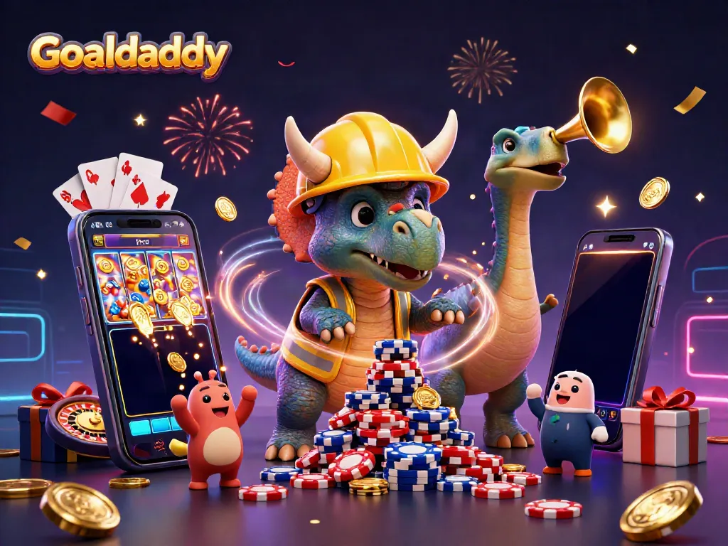 Goaldaddy features a celebratory scene with a triceratops and slot games, perfect for online gambling enthusiasts.