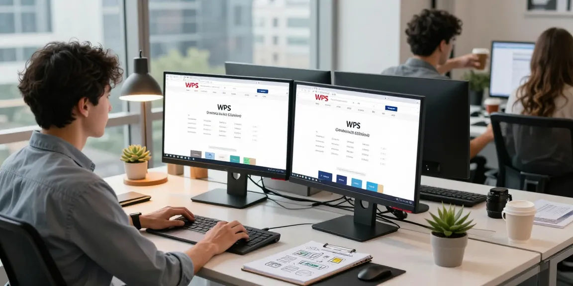 Professional working at a tech workspace featuring WPS Official Website interface.