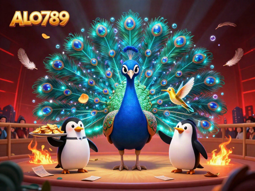 Experience the vibrant world of ALO789 with a peacock showcasing its colorful feathers amidst a thrilling cockfighting scene.