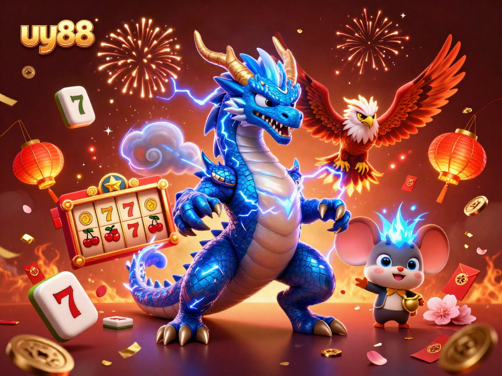 Spin to win at uy88 with dynamic slot reels, lively characters, and festive casino elements.