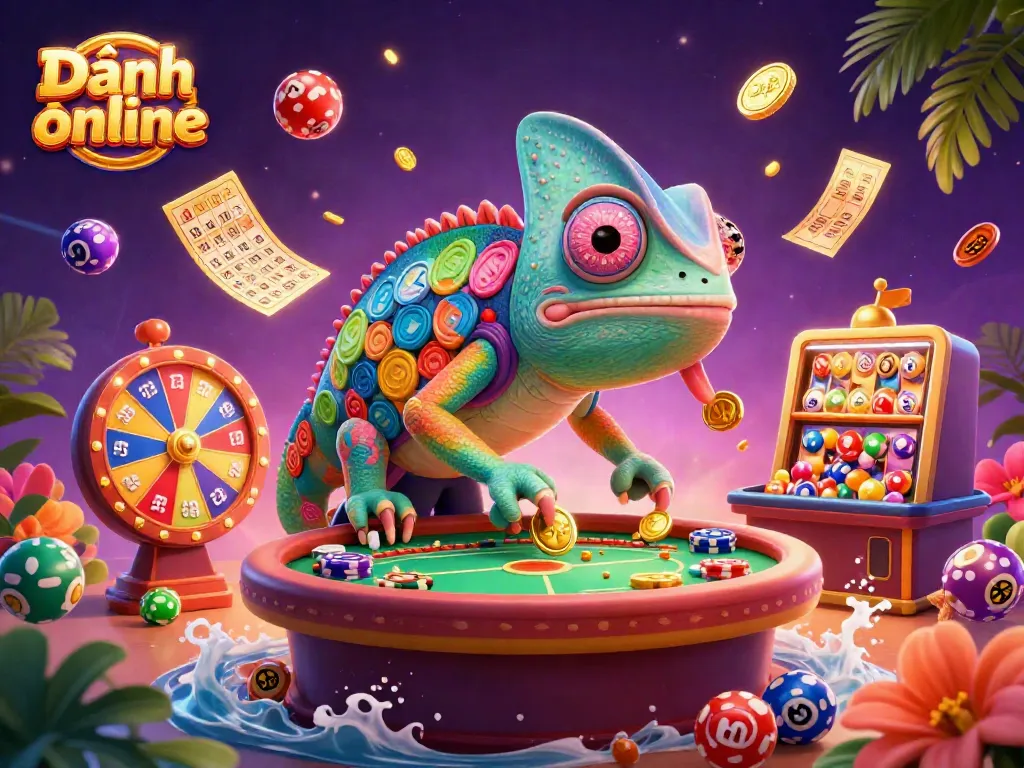 Engage in Đánh đề online with colorful lottery elements and a vibrant casino owner chameleon.