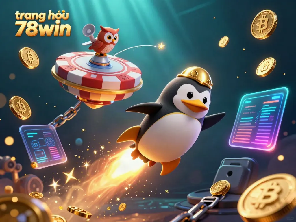 Experience the excitement of trang chủ 78win with a vibrant 3D penguin and casino elements soaring through space.