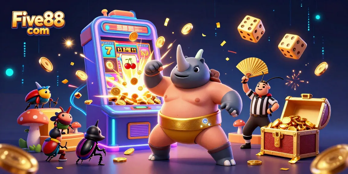 Watch the excitement at Five88 com with a sumo beetle champion and jackpot symbols flying in this dynamic 3D casino scene.