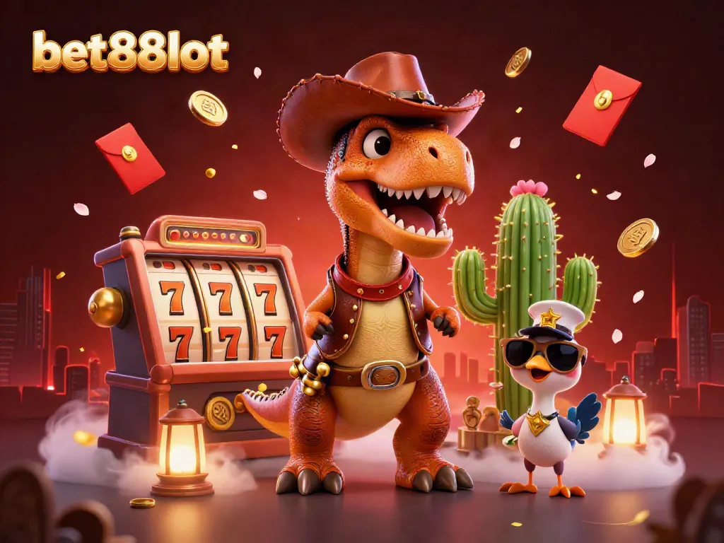Bet88slot showcases a vibrant 3D scene with a T-Rex, cactus sidekick, and roadrunner amidst slot machines and festive decor.