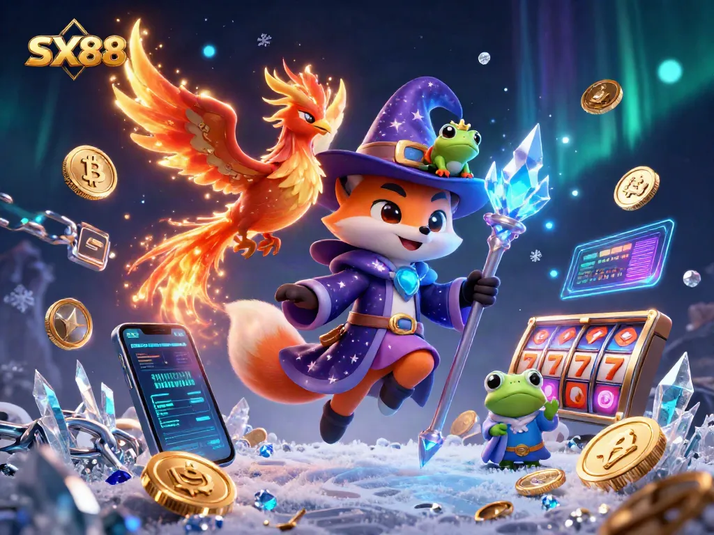Spin slots and win big with SX88 in a vibrant casino illustration showcasing magical characters.