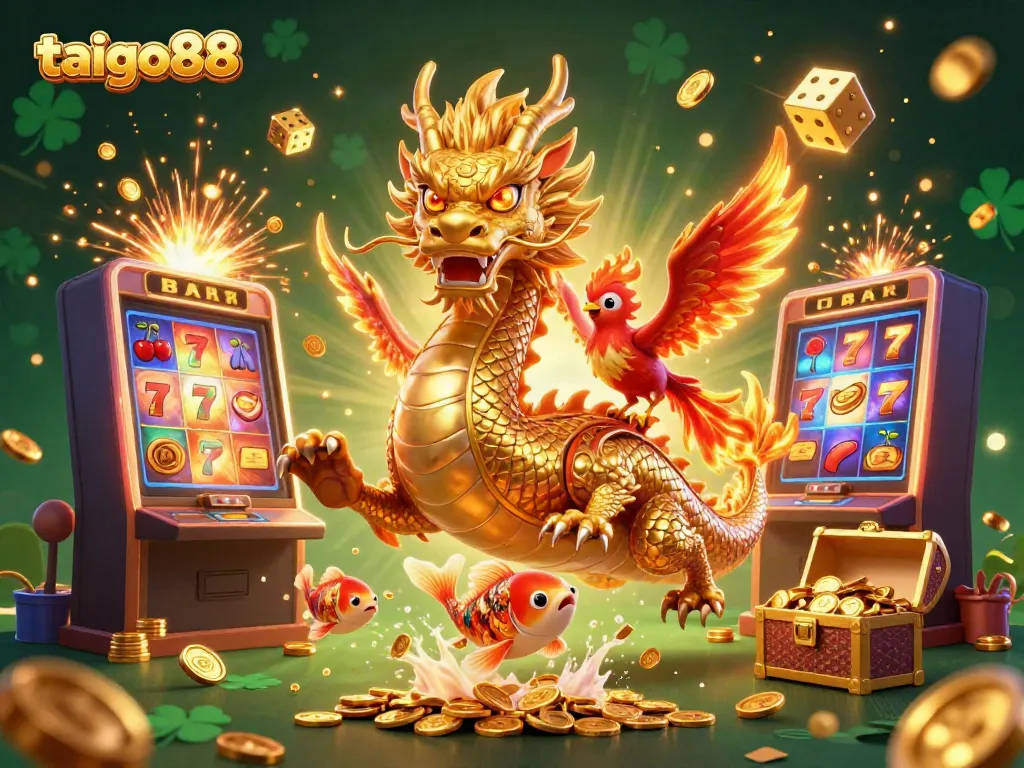 Experience the excitement of taigo88 with dazzling dragons, shimmering coins, and vibrant casino elements.