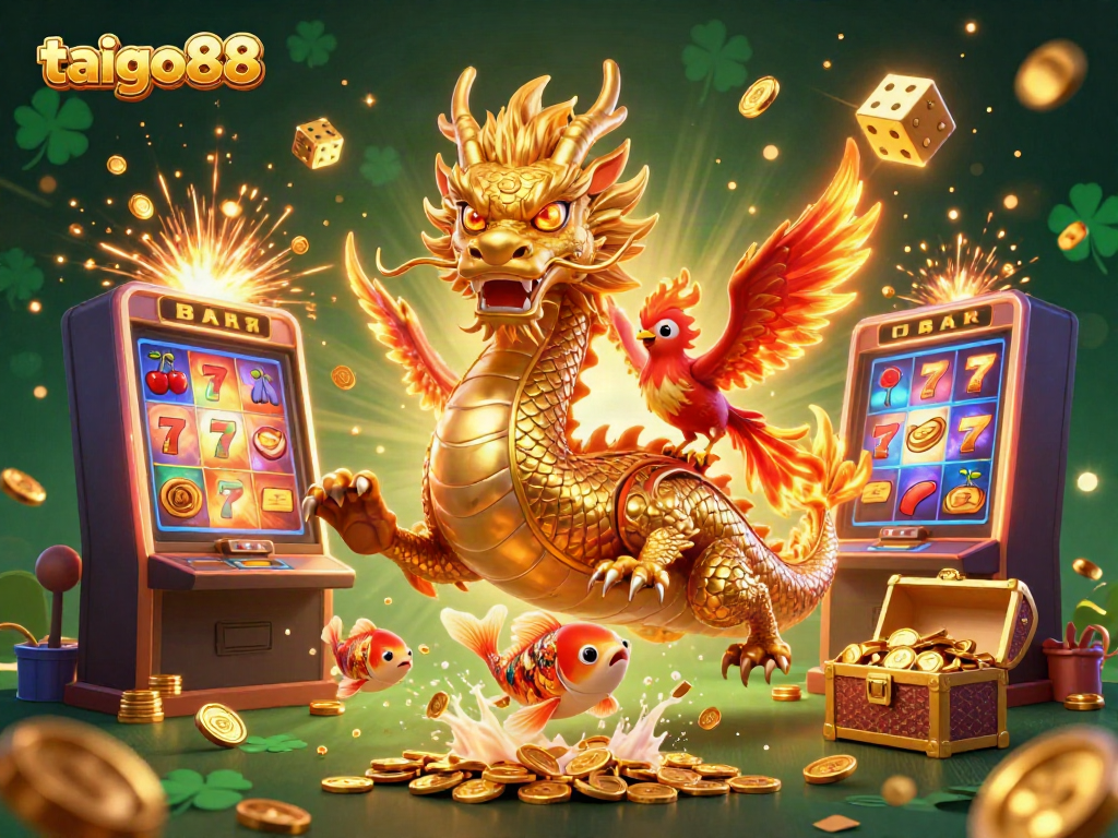 Experience the excitement of taigo88 with dazzling dragons, shimmering coins, and vibrant casino elements.
