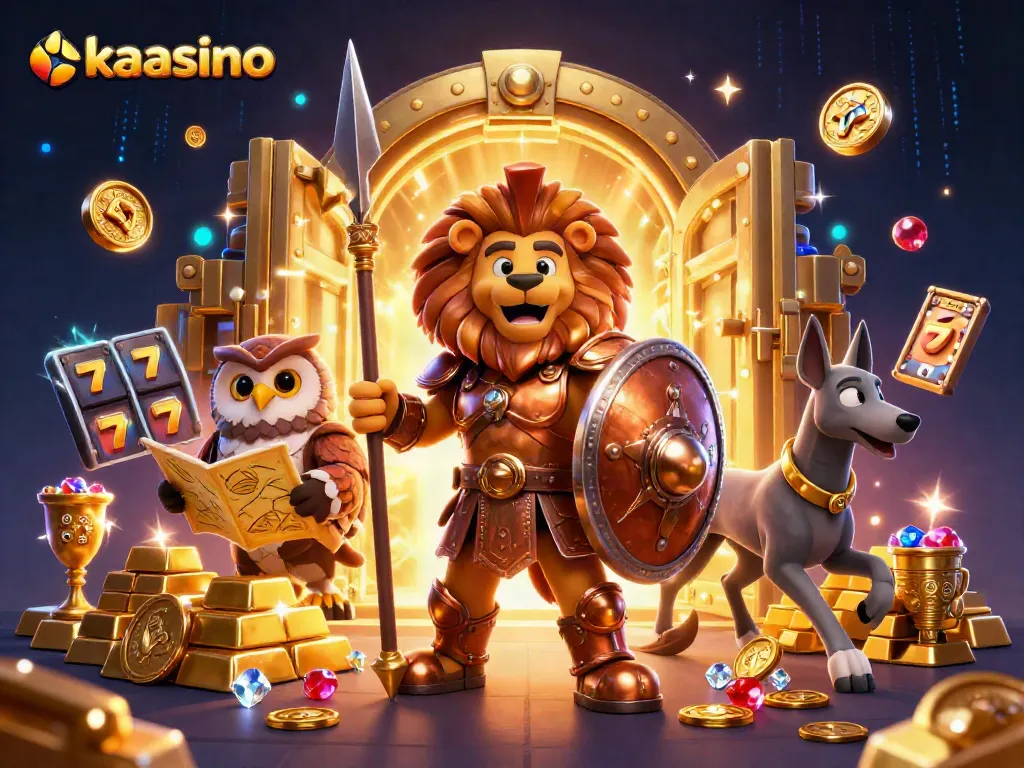 Experience kaasino gaming excitement with a Spartan lion, owl strategist, and greyhound amidst treasures.