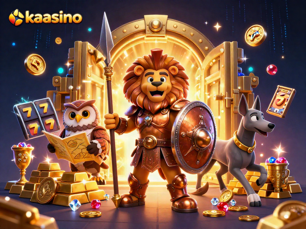 Experience kaasino gaming excitement with a Spartan lion, owl strategist, and greyhound amidst treasures.