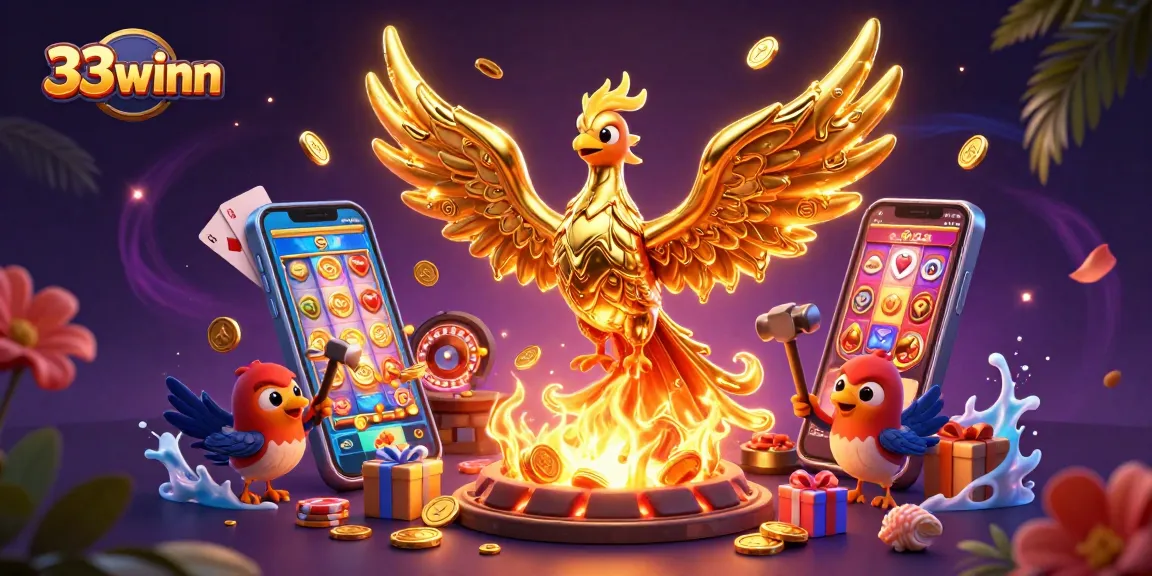 Experience excitement at 33winn with a golden phoenix soaring over a vibrant casino scene.