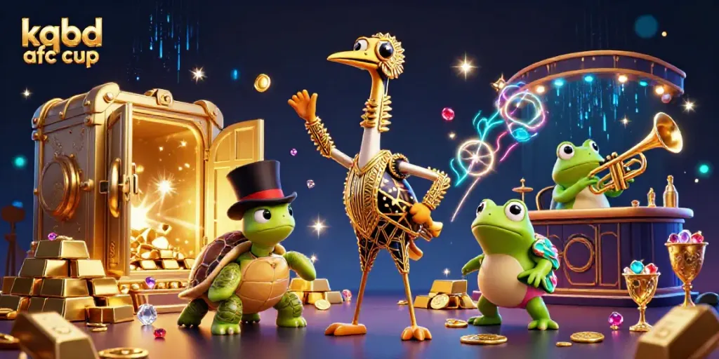 KQBD AFC Cup live scores and results depicted in a vibrant 3D casino illustration featuring whimsical characters.