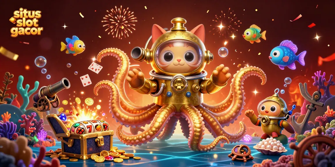 Experience the thrill of situs slot gacor with vibrant 3D illustration of a kraken, diving cat, and slot symbols.
