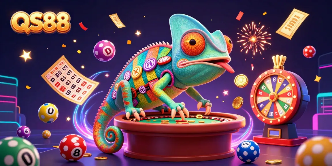 Experience the exciting world of QS88 with a vibrant casino illustration full of gaming energy and dynamic elements.