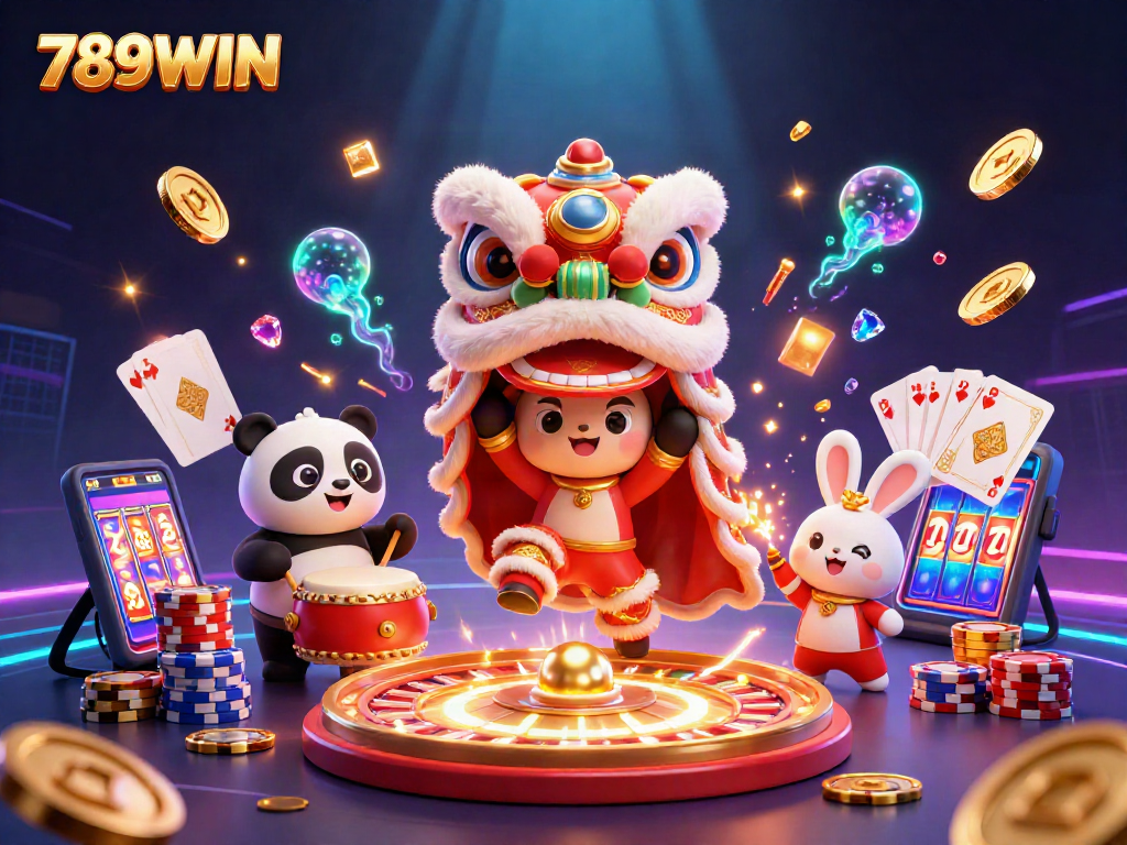 Engage with 789WIN's dynamic casino scene featuring vibrant characters and gambling elements.