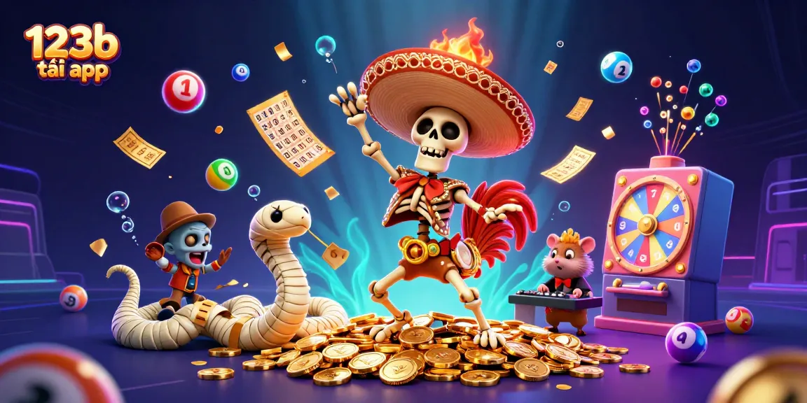 Experience the excitement of 123b tải app with vibrant casino characters dancing among lottery elements.