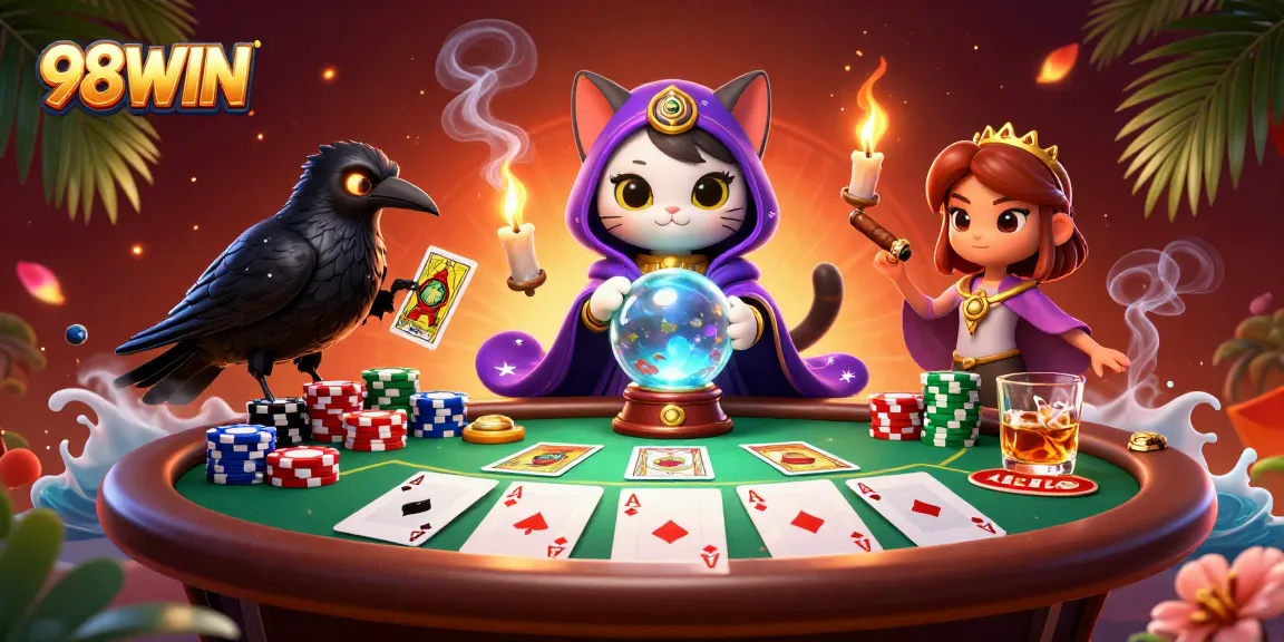 Play poker with 98WIN's engaging mystic characters in a vibrant casino illustration.