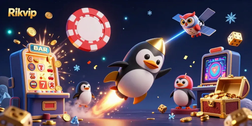 Experience thrilling gameplay with Rikvip as a golden penguin shoots through space towards a colorful casino station.