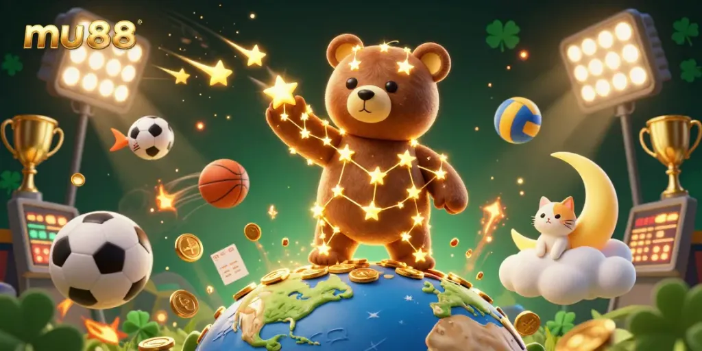 Mu88 sports betting scene capturing action with a golden star bear scooping coins amidst dynamic sports elements.