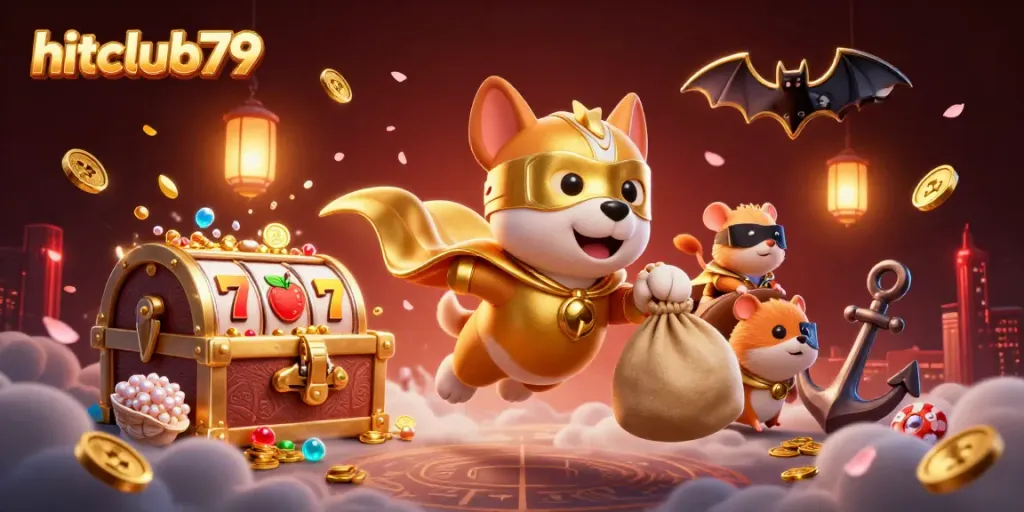 Hitclub79 superhero dog and hamster promote jackpot fun in a vibrant casino scene.