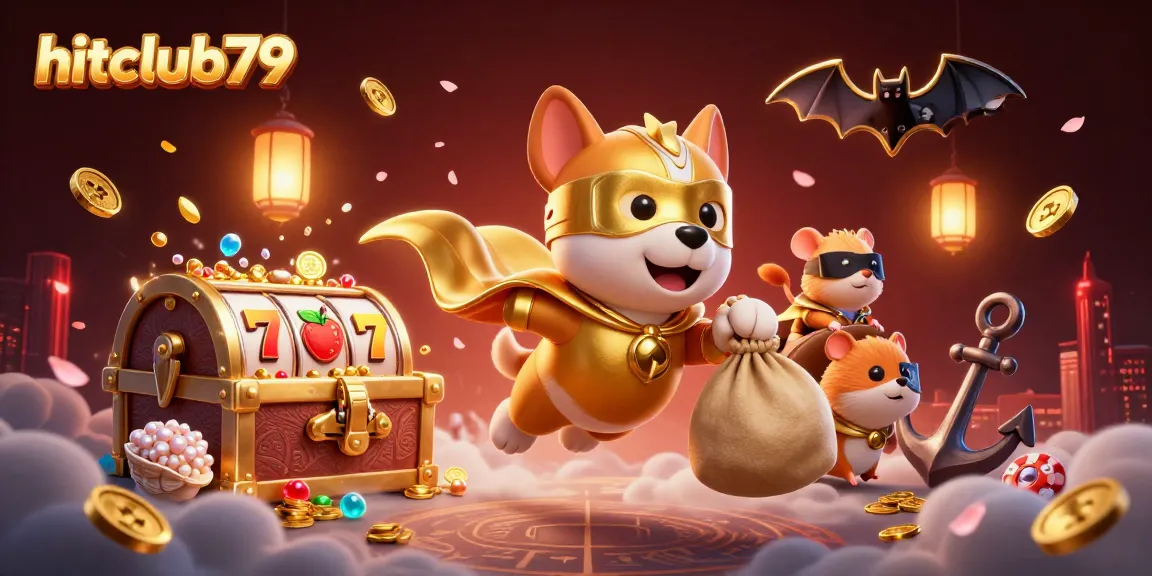 Hitclub79 superhero dog and hamster promote jackpot fun in a vibrant casino scene.