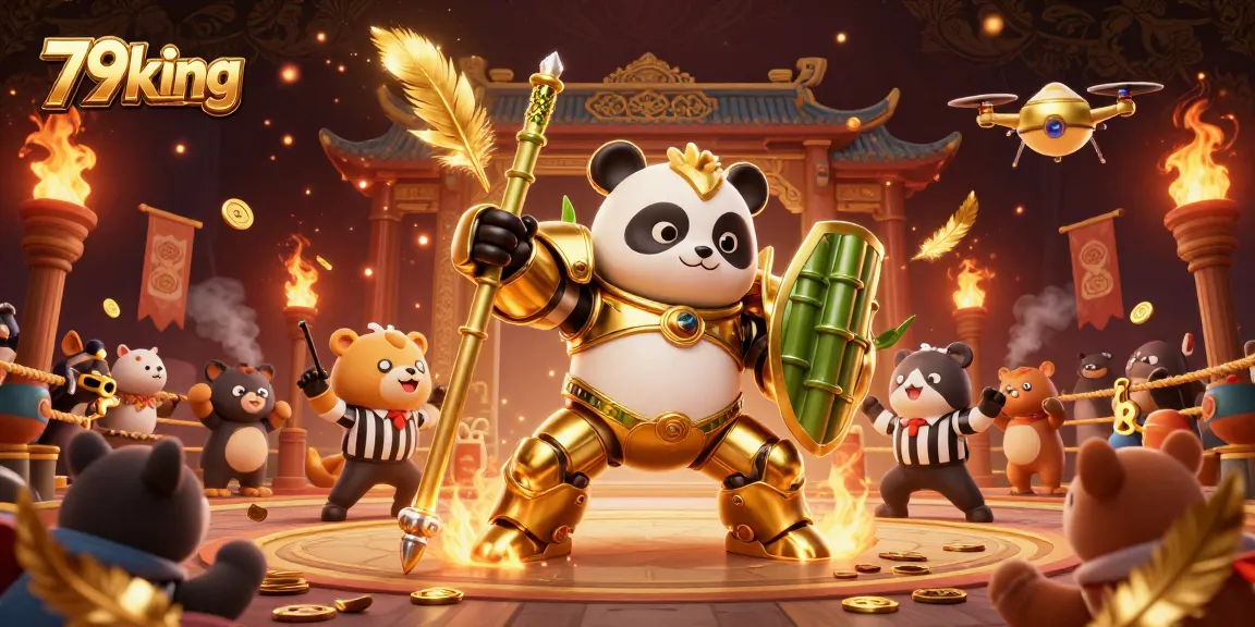 Engage in the thrilling action of 79king with a gold panda robot battling in a vibrant casino arena.