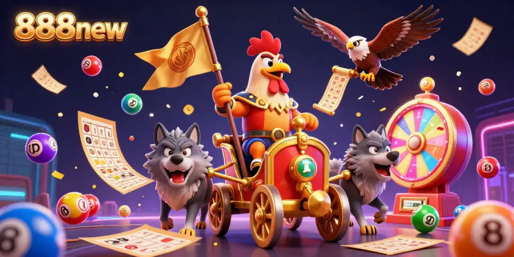 Experience thrilling gaming action with 888new as a 3D cartoon rooster warlord leads a dynamic scene.