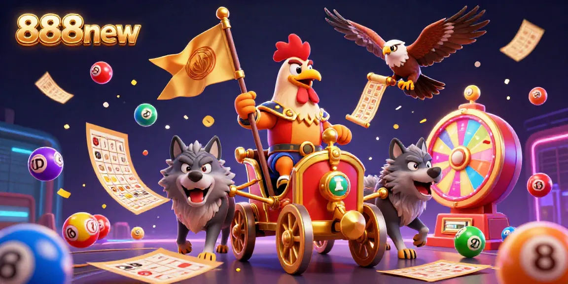 Experience thrilling gaming action with 888new as a 3D cartoon rooster warlord leads a dynamic scene.